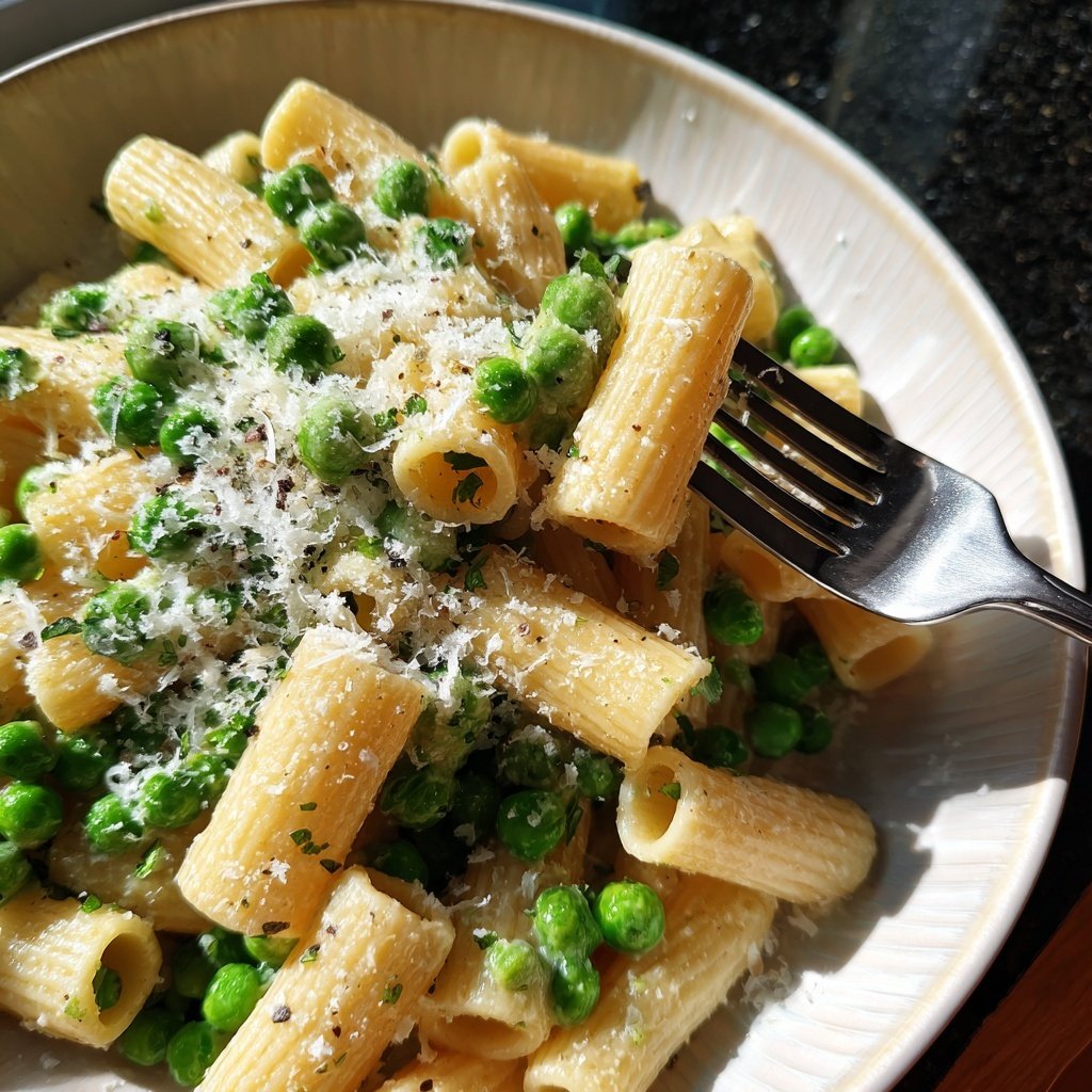 Rigatoni mit Erbsen und Parmesan