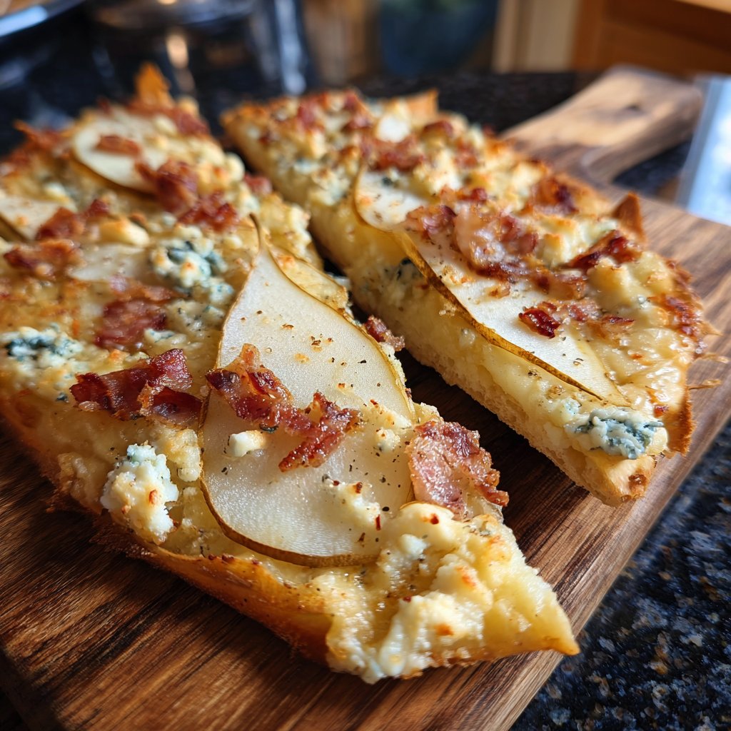 Flammkuchen mit Birne und Blauschimmelkäse