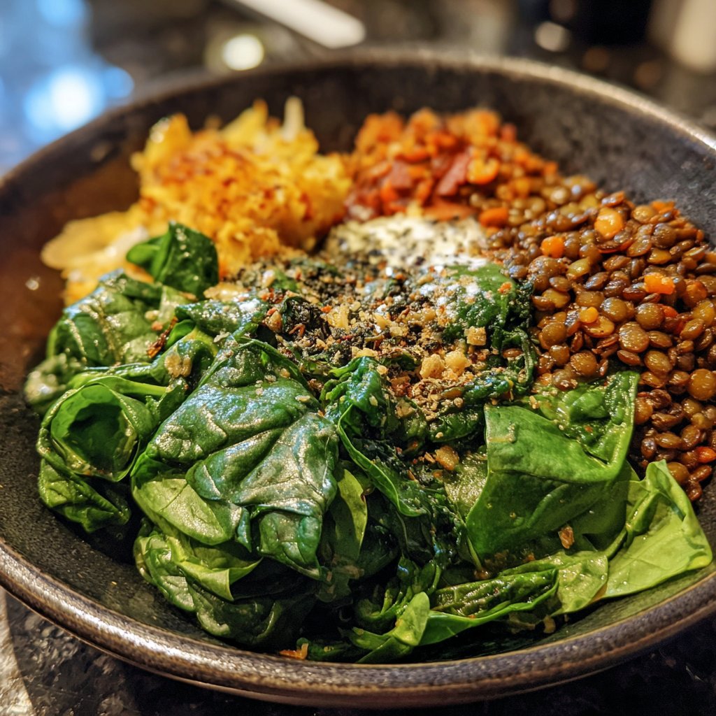 Buddha Bowl mit Linsen und Spinat